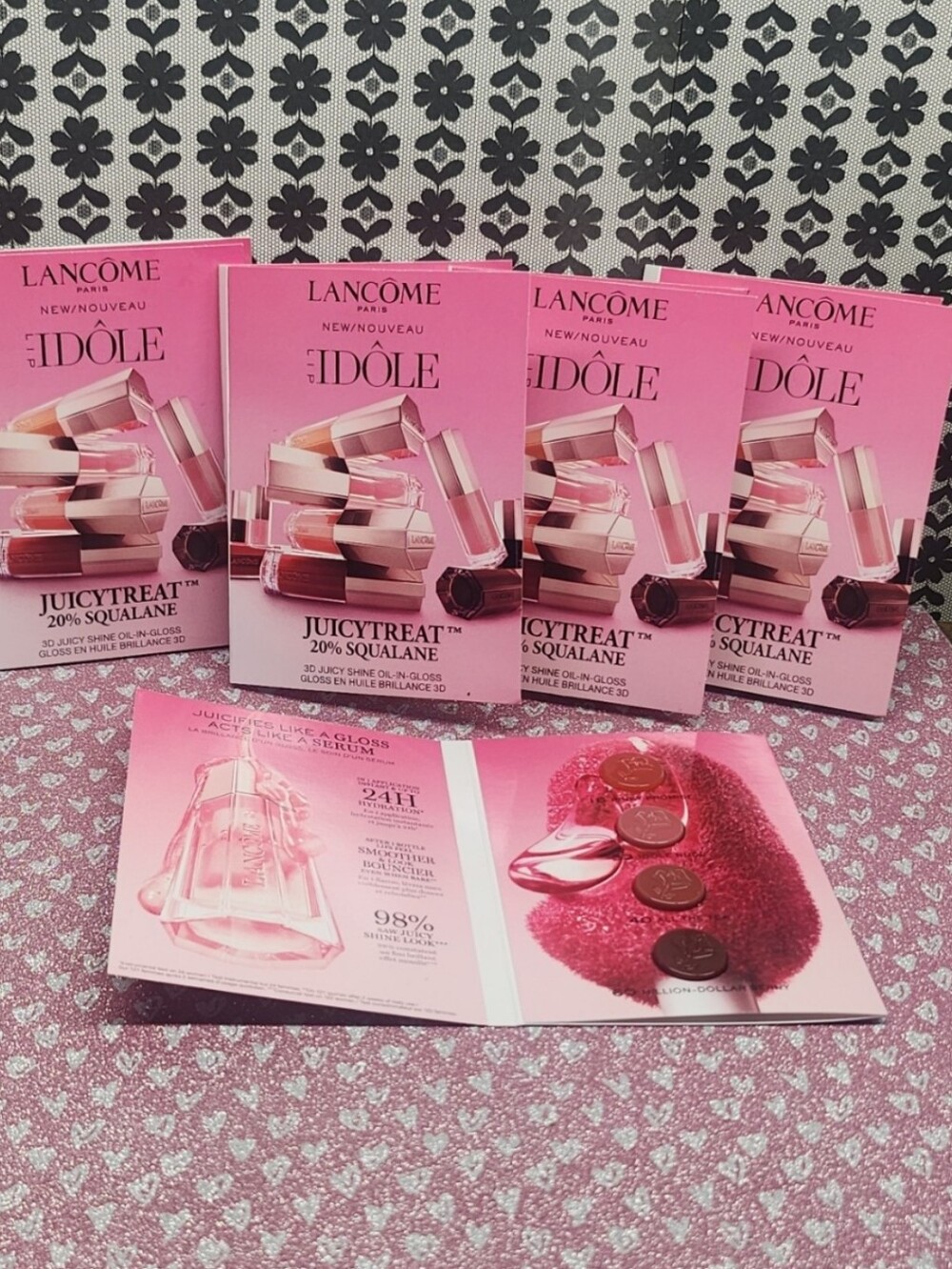 5 QTY- Lancome JuicyTreat 3D Juicy Shine Oil-In-Gloss Sample Cards 4x0.5ml each